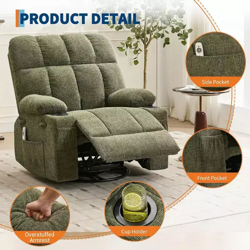 Übergroßer Relaxsessel für Erwachsene, Manueller Dreh-Schaukelsofa, Seitentaschen & Getränkehalter für Große und Schwergewichtige, Wohnzimmer