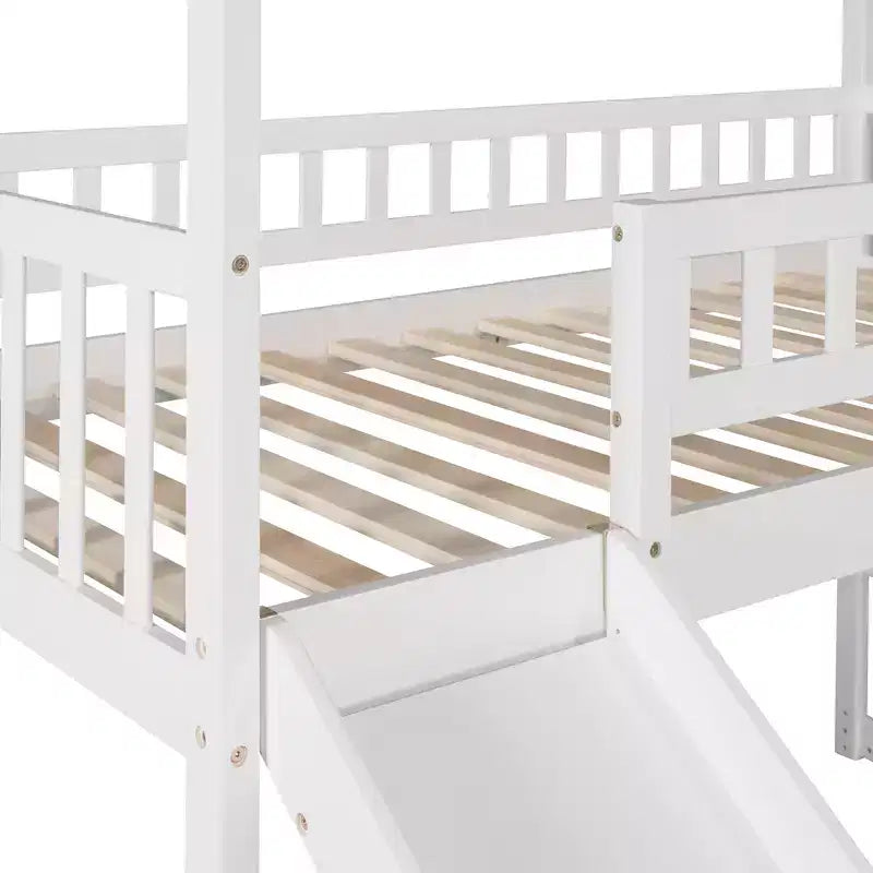 Doppelhaus-Hochbett mit Rutsche und Treppe, Hochbett mit Aufbewahrungsschubladen, Holzhaus-Hochbett für Kinder und Kleinkinder