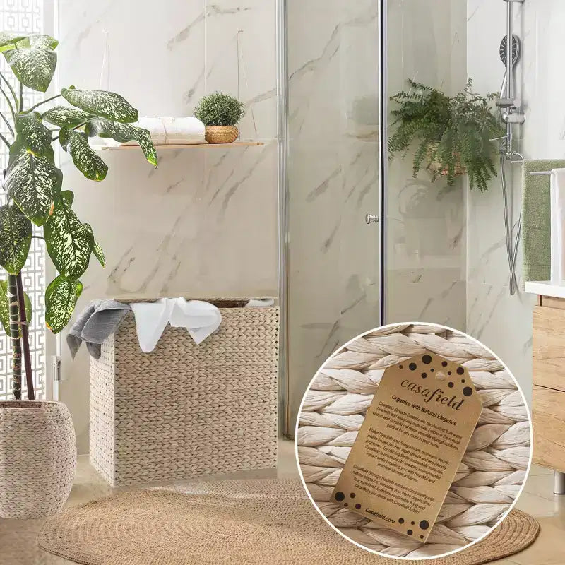 Casafield Wäschekorb mit 2 Fächern, Deckel und herausnehmbaren Wäschesäcken, Wäschekorbsortierer aus Wasserhyazinthe für Kleidung