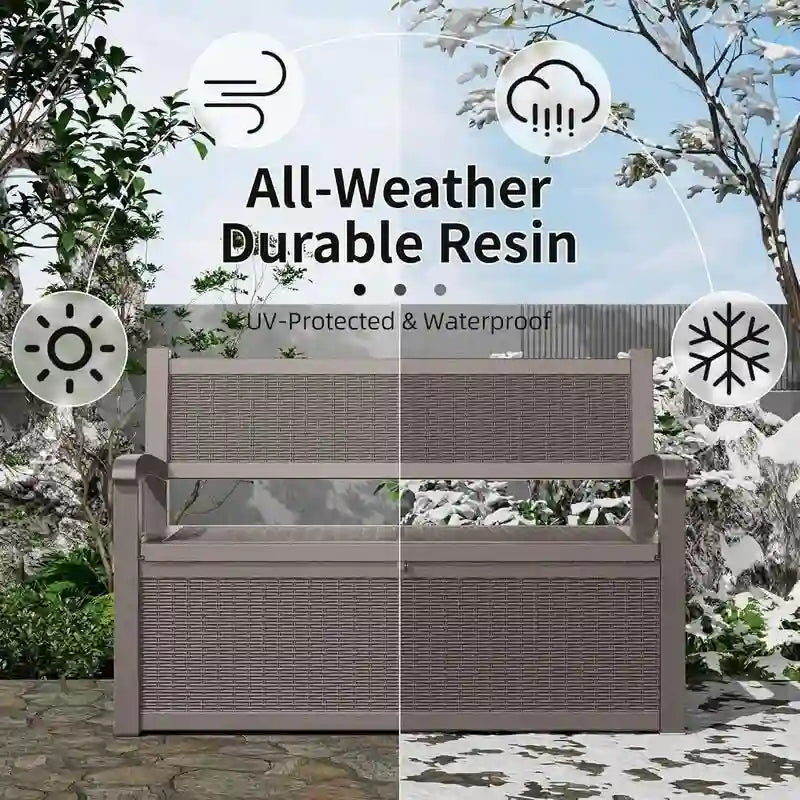 Allwetter-Harz-Aufbewahrungsbank mit abschließbarem, verstecktem Fach – Rattan-Optik, 227 kg Tragfähigkeit, 265 Liter Stauraum