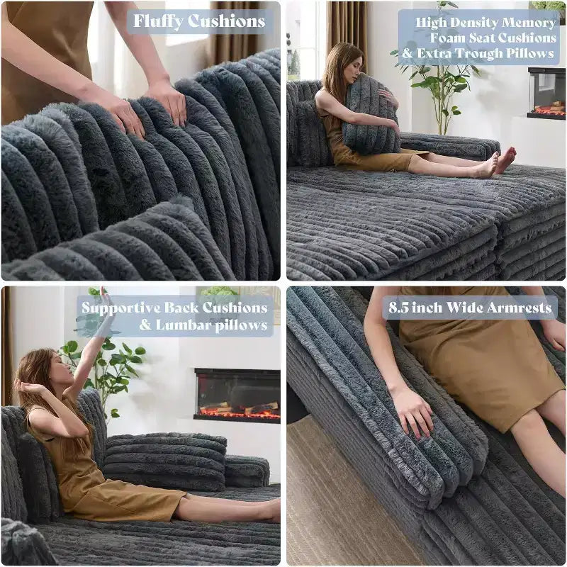 AMERLIFE 93 Doppel-Récamiere-Sofa für Zwei, tiefes Cloud-Sofa mit Lendenkissen & breiten Armlehnen, einfache Montage, Kunstfell