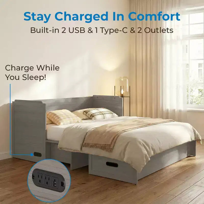Mjkone Queen-Size-Schrankbett mit Matratze, USB-Ladeanschluss und Aufbewahrungsschubladen