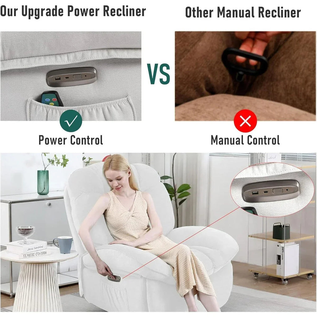 XINMICS Drehbarer elektrischer Relaxsessel, Massage-Schaukel-Liegesessel mit Heizfunktion, USB, USB-C und Seitentasche
