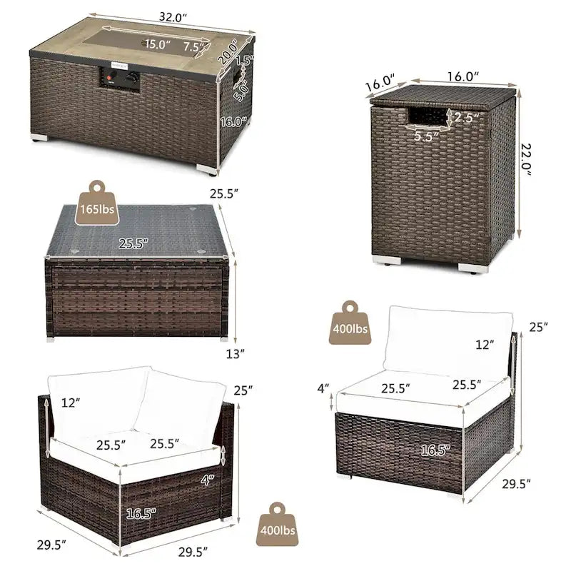 8-teiliges Terrassenmöbel-Set aus Rattan mit Feuerstellentisch, Tankhalter und Abdeckung für die Terrasse