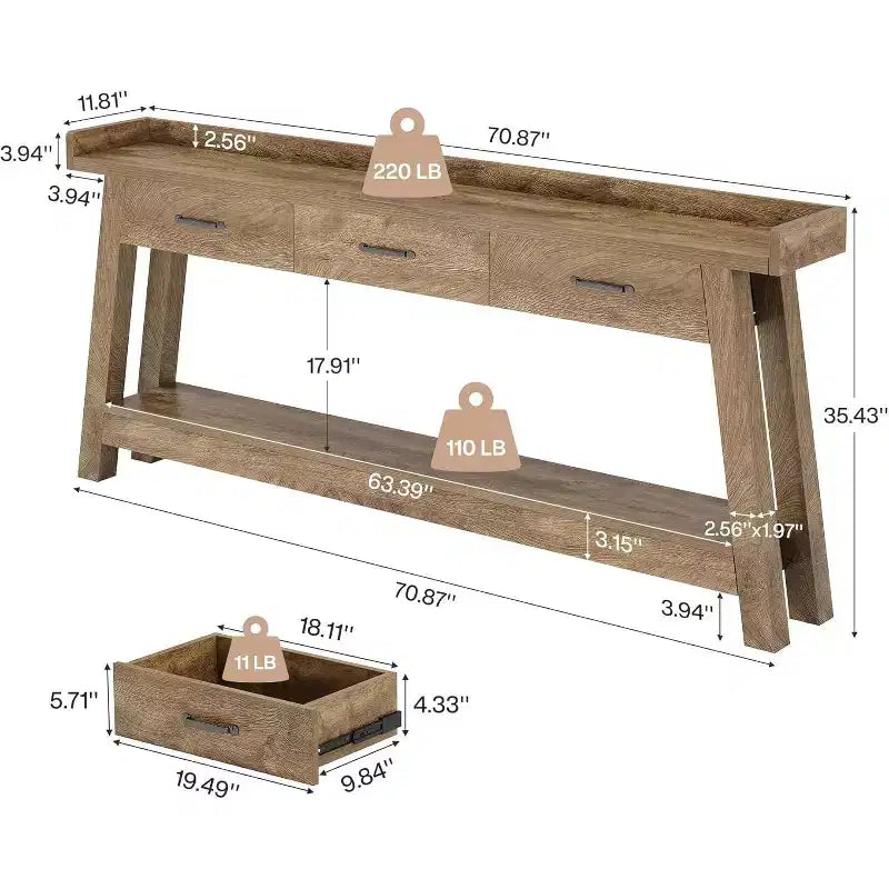 Lantine 2-stöckiger Sofatisch mit 3 Schubladen, 180 cm Konsolentisch mit erhöhter Ablage und Staufächern für Wohnzimmer, Flur, Eingangsbereich