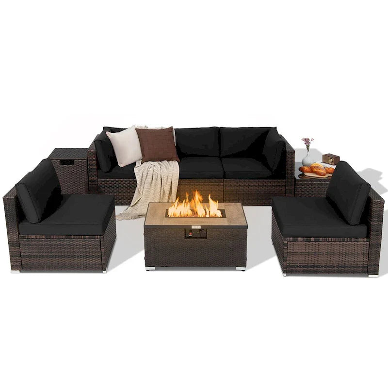 8-teiliges Terrassenmöbel-Set aus Rattan mit Feuerstellentisch, Tankhalter und Abdeckung für die Terrasse
