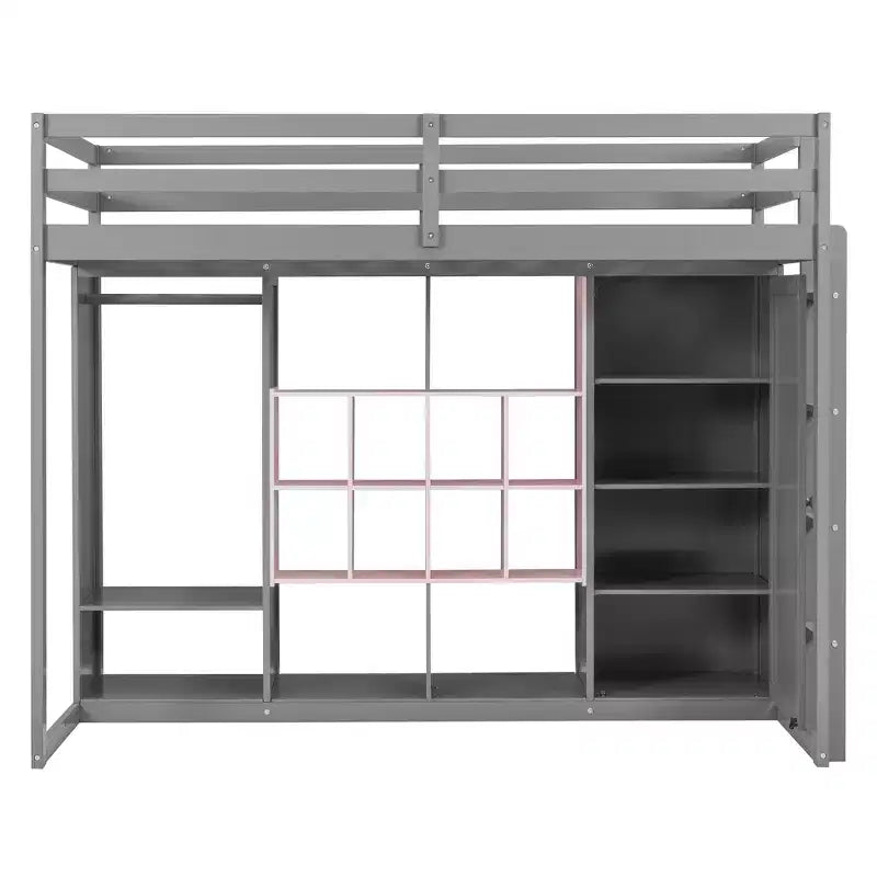 Hochbett für Kinder mit Kleiderschrank und Regalen, Holz-Hochbettgestell mit Aufbewahrungsschrank für Kinder und Jugendliche