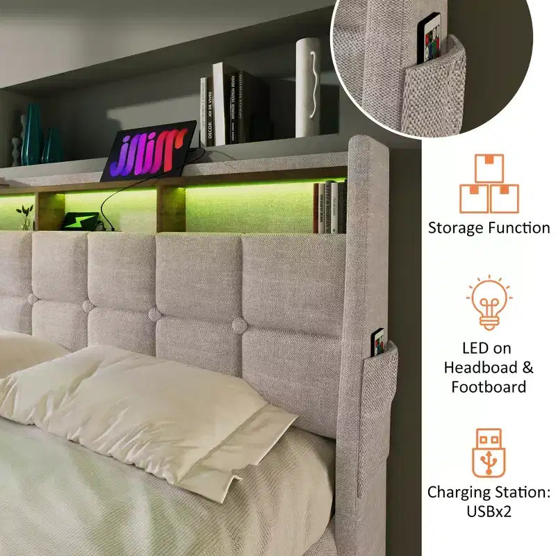 Queensize-Bett mit hydraulischem Stauraum, LED, USB, gepolstertem Kopfteil, kein Boxspringbett, einfache Montage