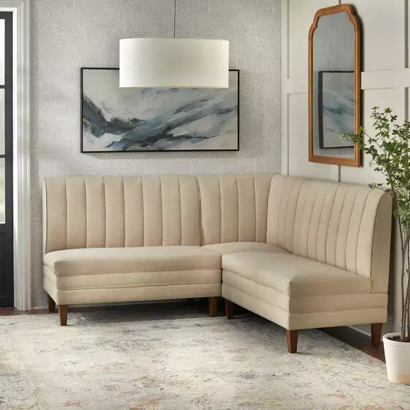 Lifestorey 4-teiliges Essgruppe Kerrington Channel Back Banquette Nussbaum/Creme: Leinenoptik-Stoff, Säulentisch