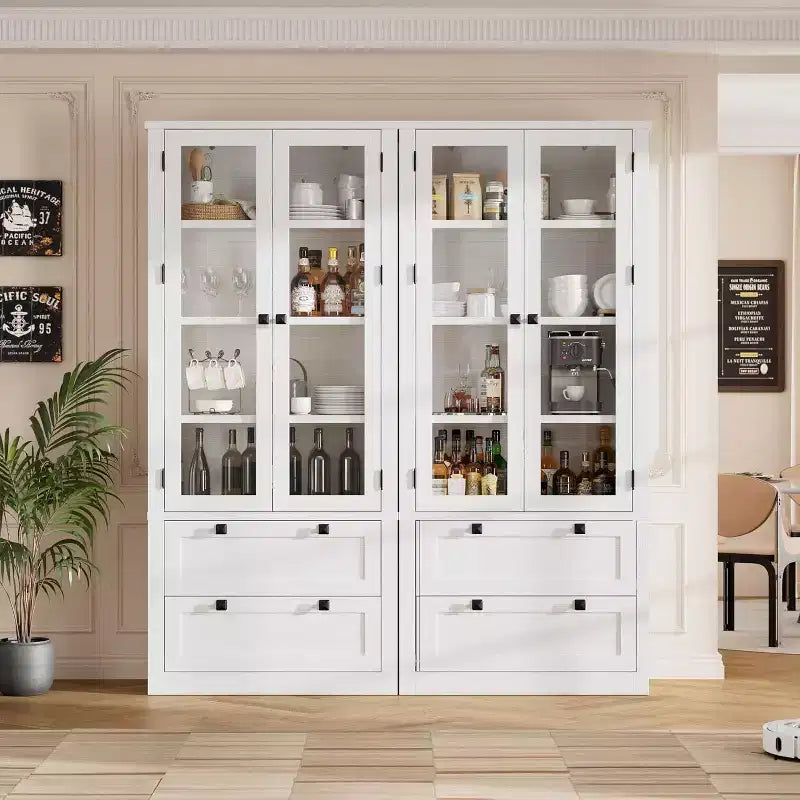 Farmhouse Küchenschrank mit Glastüren, 183 cm Vorratsschrank mit Schubladen und verstellbaren Regalböden für Esszimmer, Bad, Wohnzimmer