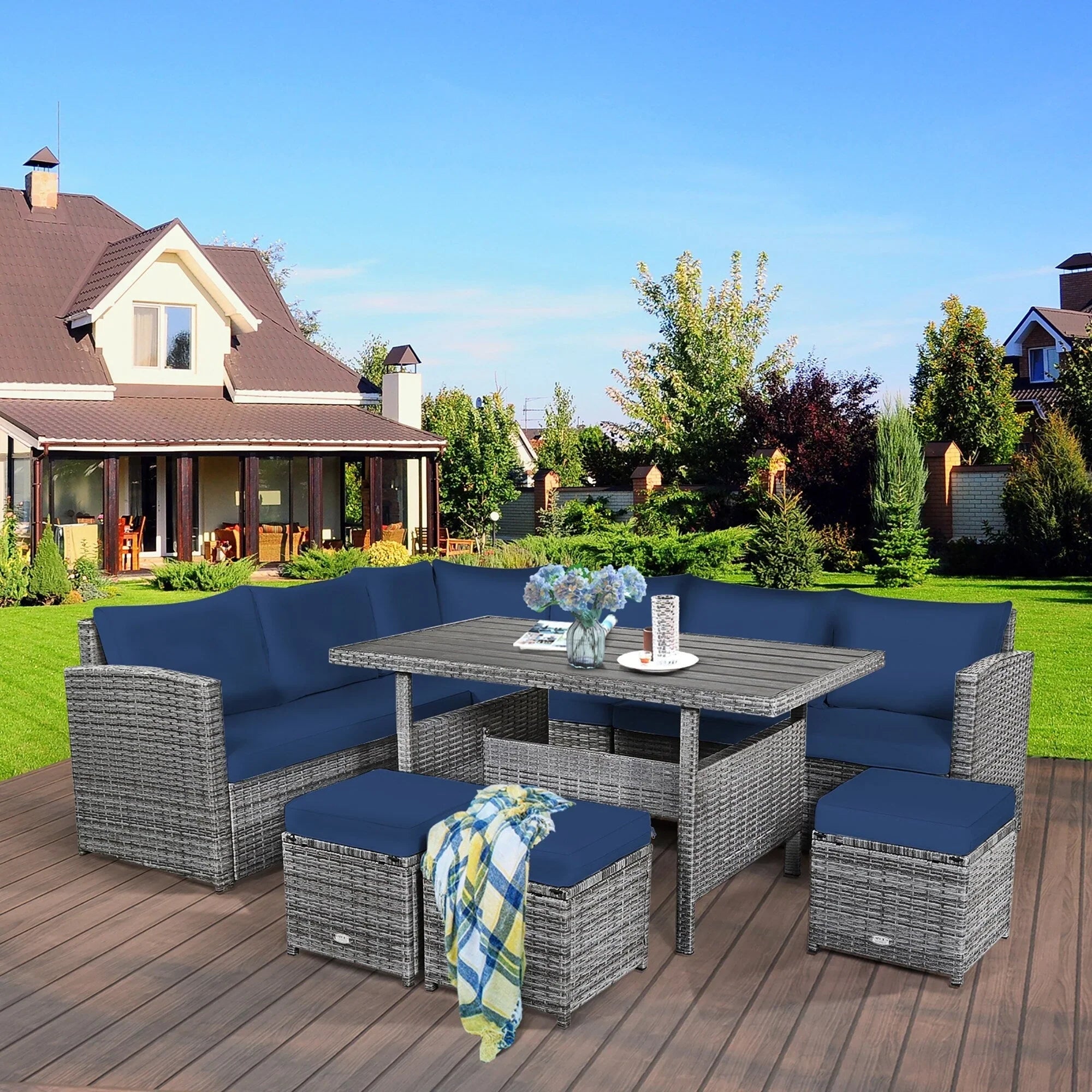 Costway 7-teiliges Terrassen-Essgruppe Rattan-Sofa Couch Ottomane – Details ansehen