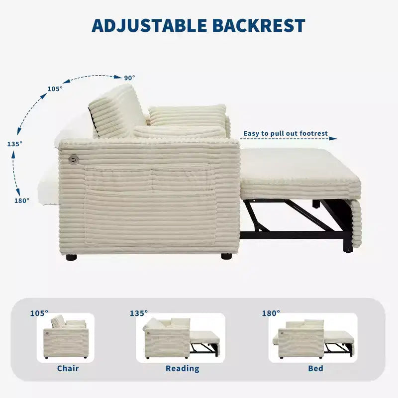55 Convertible Schlafsofa mit ausziehbarer Fußstütze & verstellbarer Rückenlehne, platzsparendes Sofa für kleine Wohnungen