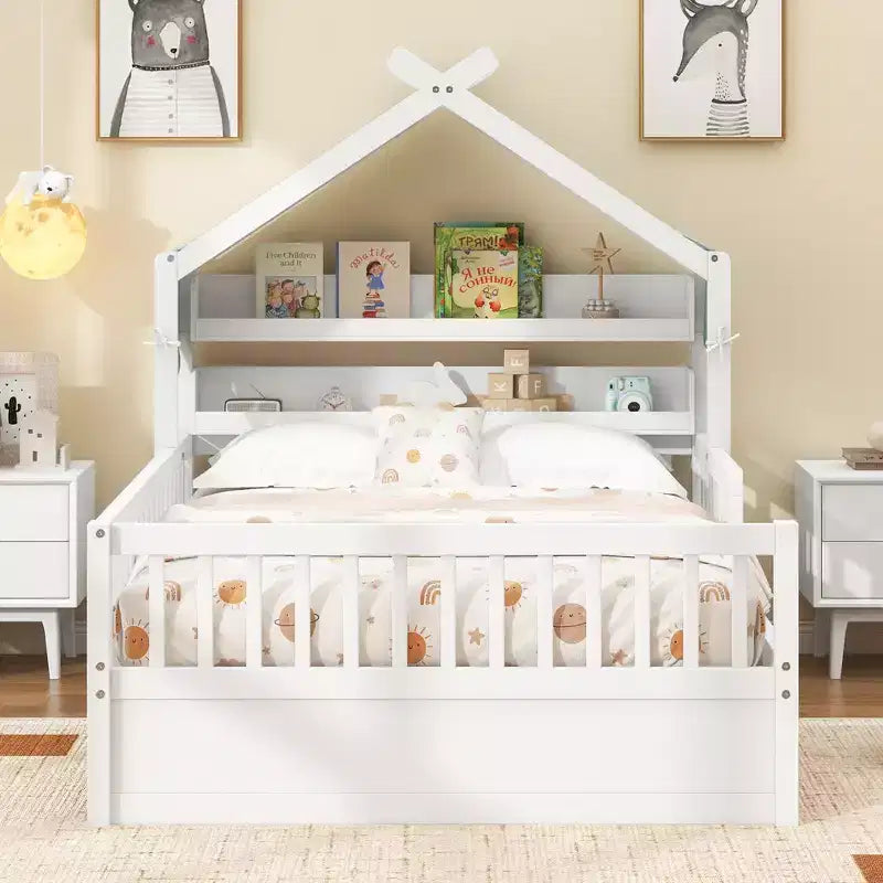 ModernLuxe Hausbett aus Holz für Zwillinge/Standardgröße mit Stauraum-Kopfteil, Kinderbettgestell aus massivem Kiefernholz mit Rausfallschutz