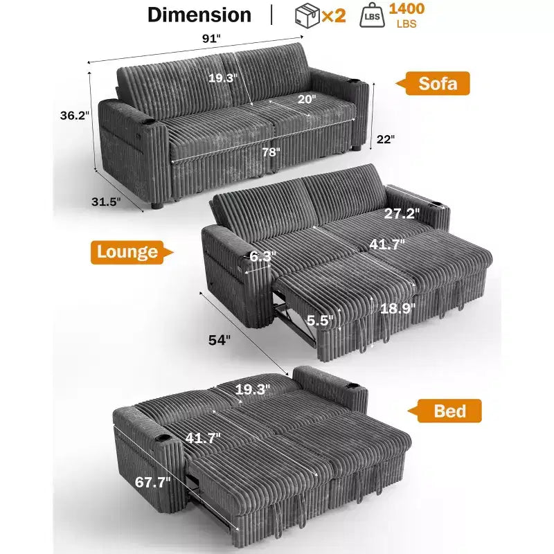 Dyonery 91 Sektional Schlafsofa mit Ausziehbett, verstellbarer Rückenlehne/zwei Ausziehbetten/USB-Anschlüssen/Getränkehaltern, Plüsch-Kordbezug