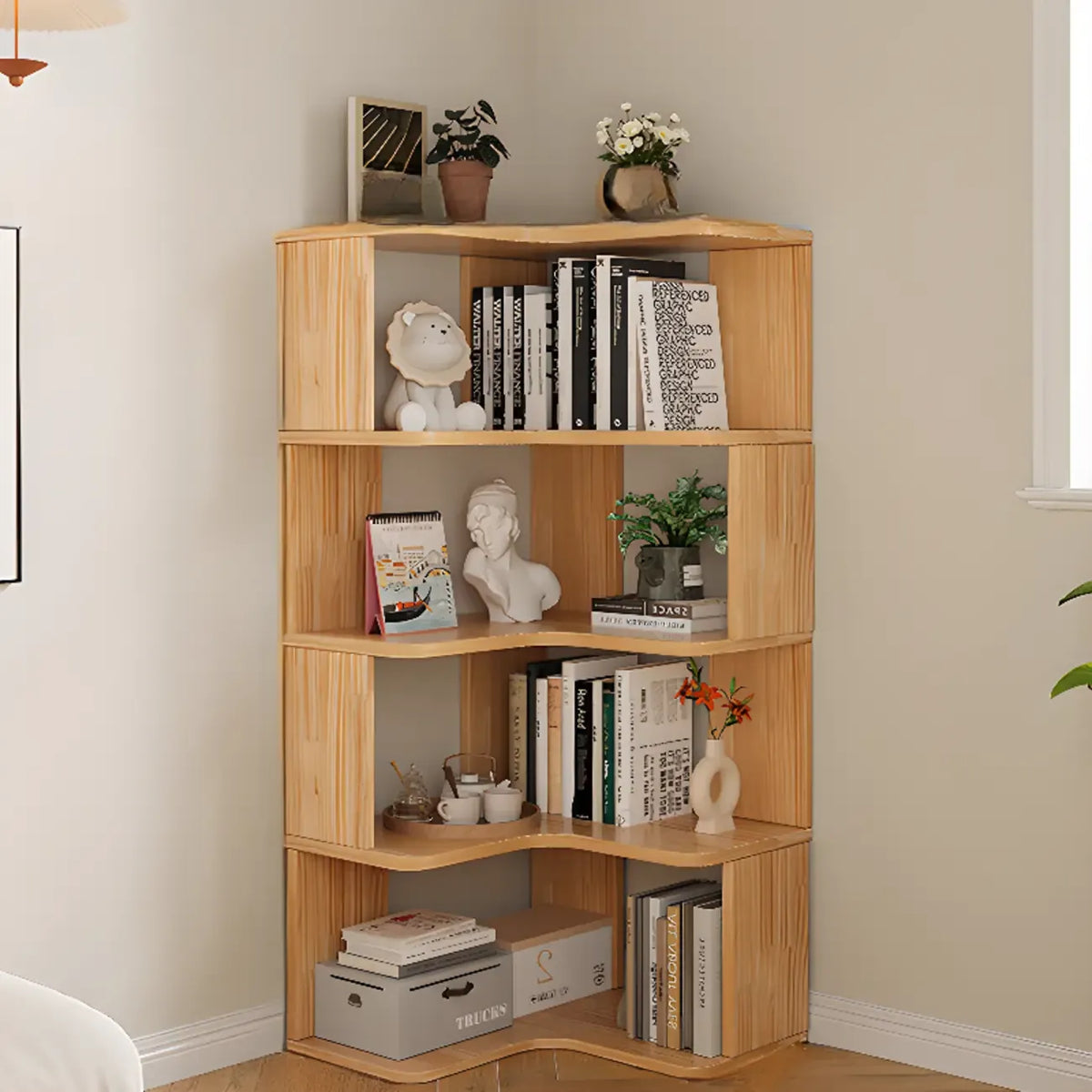 L-förmiges offenes Bücherregal aus Holz mit Naturfinish