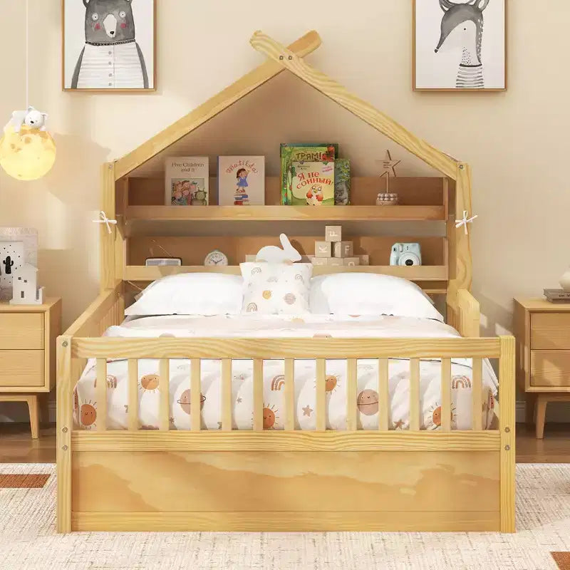 ModernLuxe Hausbett aus Holz für Zwillinge/Standardgröße mit Stauraum-Kopfteil, Kinderbettgestell aus massivem Kiefernholz mit Rausfallschutz