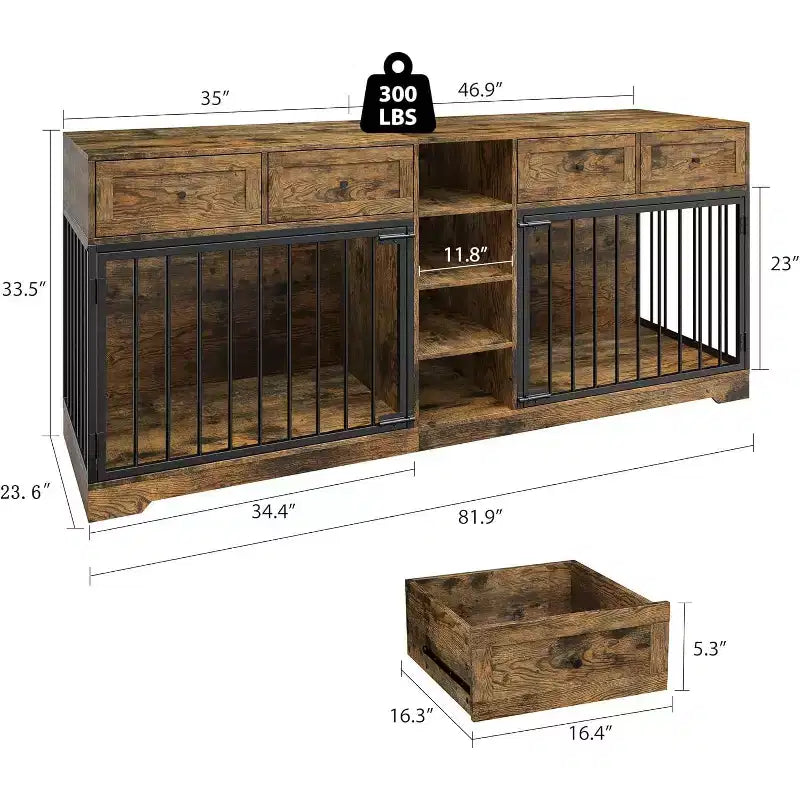 82" Doppel-Hundebox Möbel, großer Hundezwinger für 2 Hunde, robuster TV-Ständer aus Holz mit 4 Schubladen und Regalen