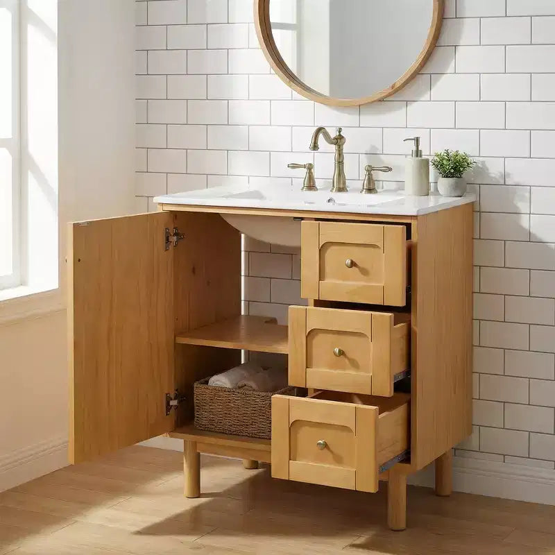 JVNOXK 75 cm Rustikaler Moderner Keramik-Waschtischunterschrank mit 3 Schubladen und 1 großer Soft-Close-Tür, Aufbewahrungsschrank, Naturholzmaserung