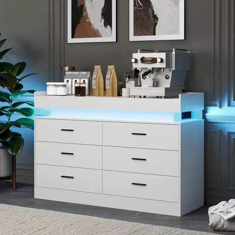 Moderner TV-Schrank mit 6 Schubladen & LED-Beleuchtung, schwebende Arbeitsplatte als Kaffeebar für Wohnzimmer Entertainment Center