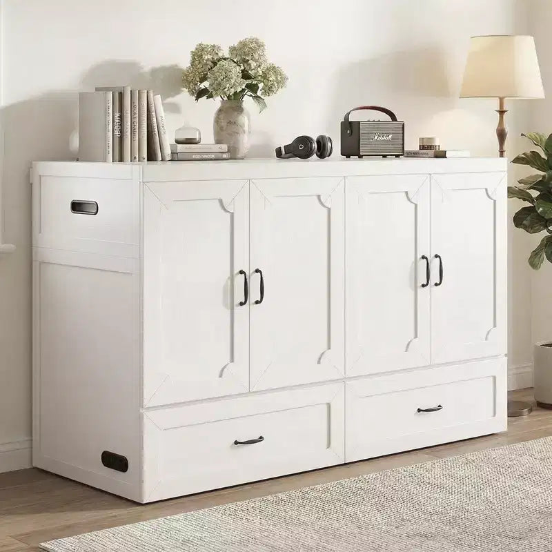 Mjkone Queen-Size-Schrankbett mit Matratze, USB-Ladeanschluss und Aufbewahrungsschubladen