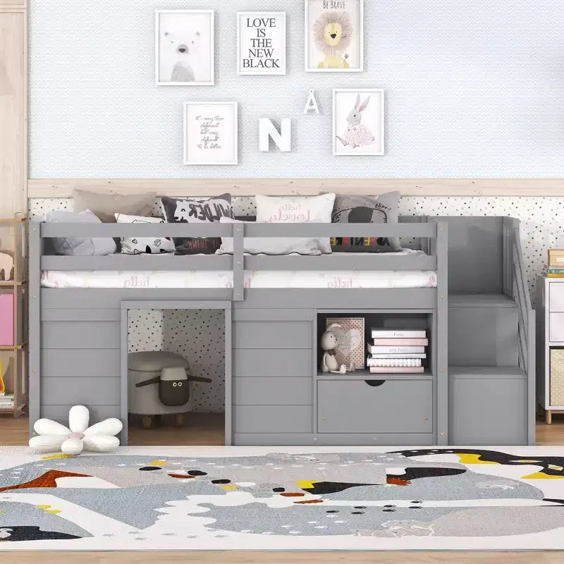Okak Massivholz-Hochbett mit Treppe & Stauraum, Niedriges Etagenbett mit Schubladen & Regalen, Multifunktionales Hochbett für Kinder, Jugendliche