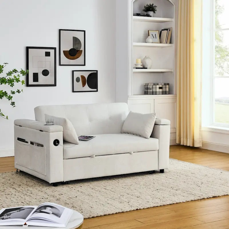 54 Schlafsofa zum Ausziehen, 2-Sitzer-Schlafsofa mit Stauraum, Lendenkissen, USB-Steckdose