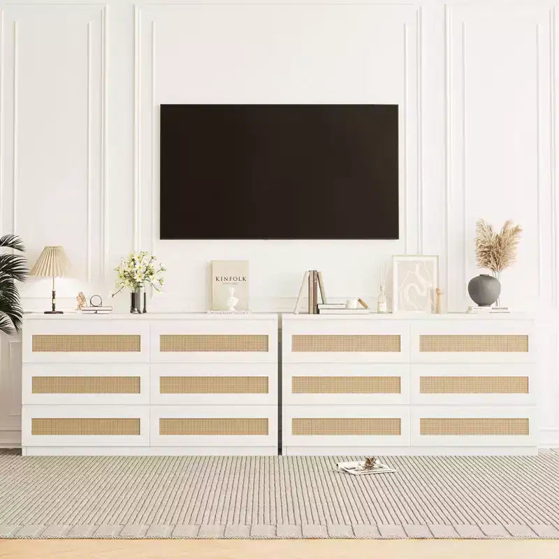 Rattan-Kommode für Schlafzimmer mit 6 Schubladen, 47" moderne Farmhouse breite Kommode, Holz-Aufbewahrungsschrank-Organizer für Kleiderschrank, Wohnzimmer, Flur