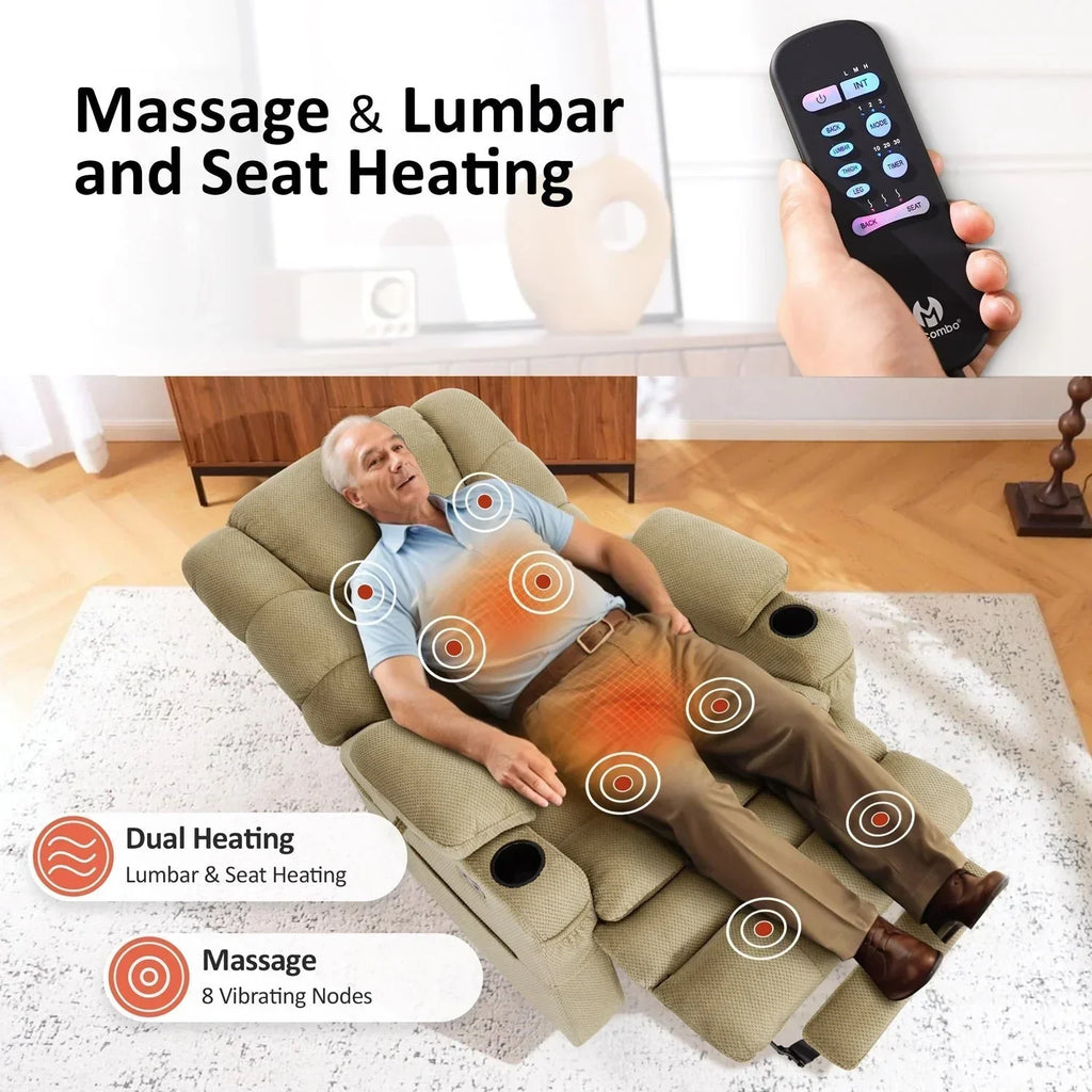MCombo Großer, breiter Power-Lift-Liegesessel mit zwei Motoren, Massage und dualer Heizung für große und korpulente Senioren, Stoff R7635