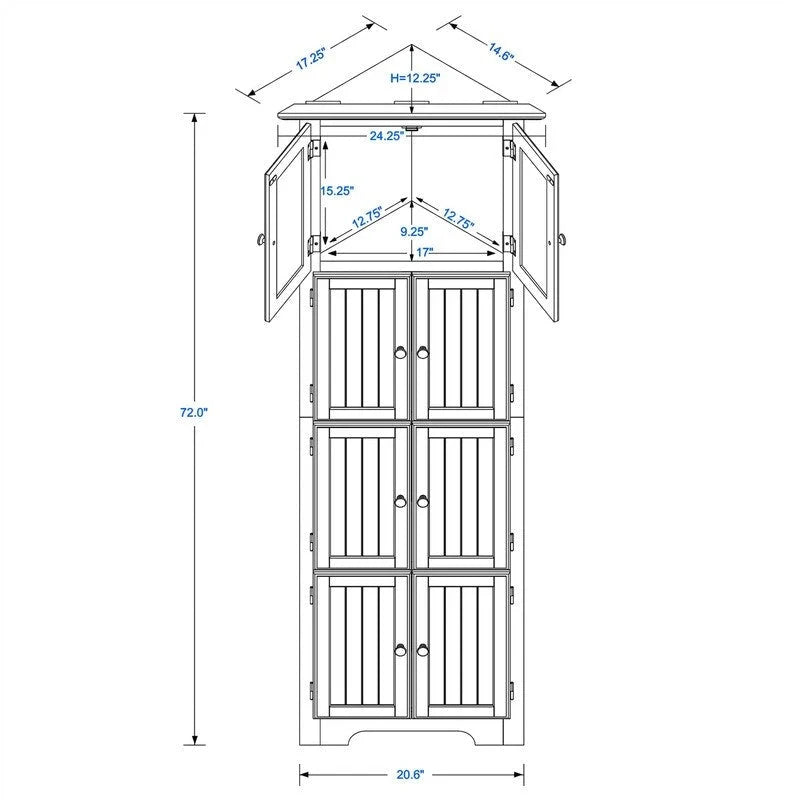 Hoher Eckschrank mit 8 Türen und 4 Einlegeböden