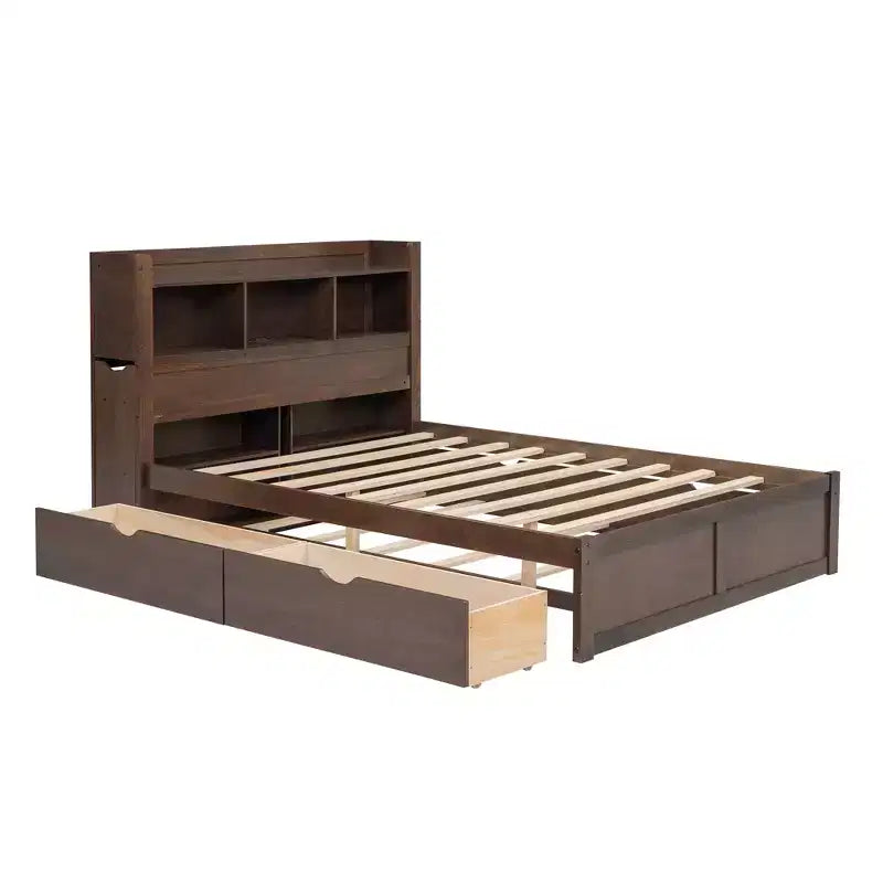Plattformbett in voller Größe mit Stauraum, Ausziehbett, Kopfteil mit Bücherregal und Ladestation, Bettgestell aus Holz in voller Größe mit Regalen und Schubladen