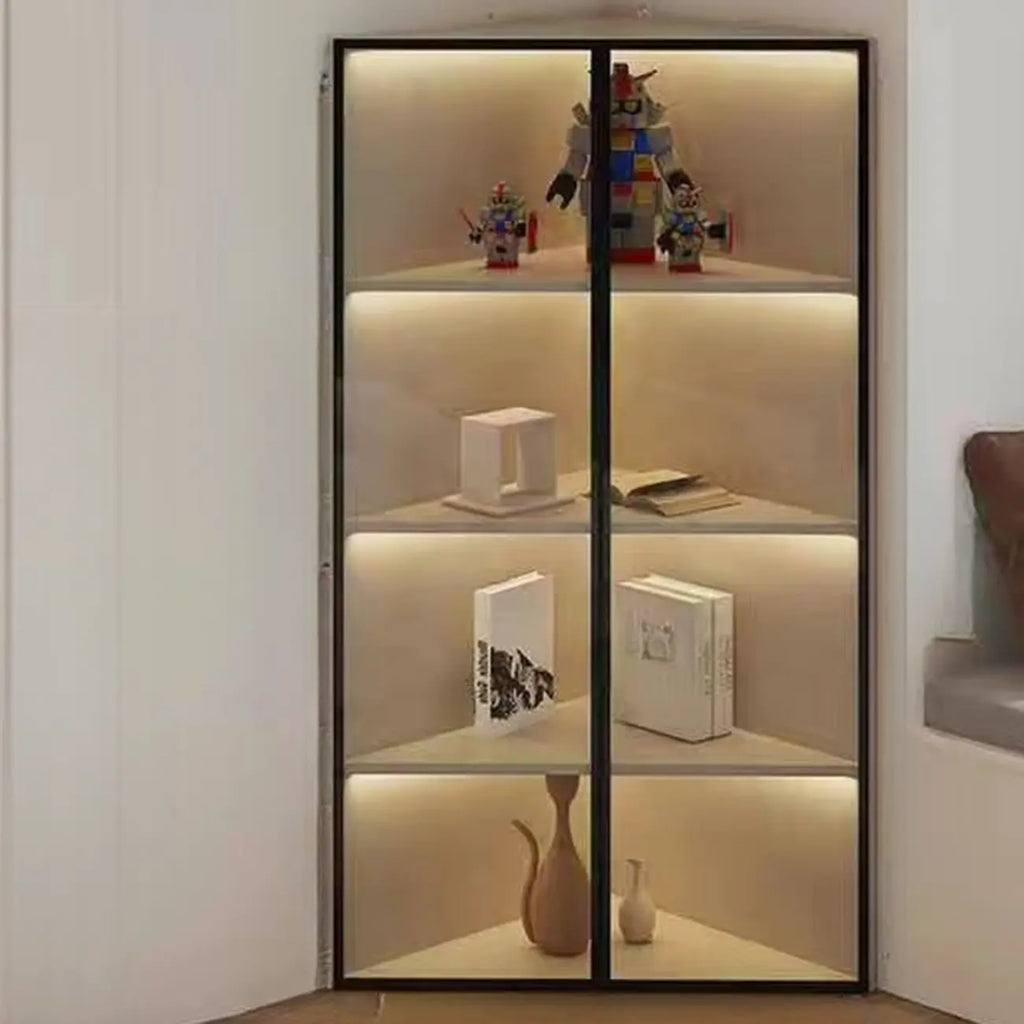 Modernes graues Eck-Standregal aus Metall und Holz mit Glastür