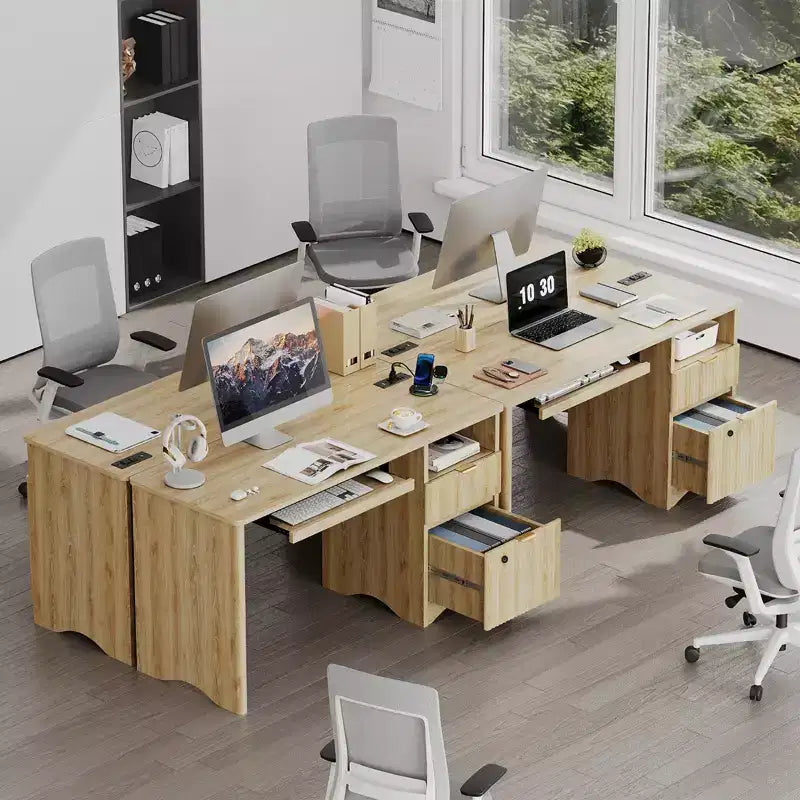 Bestier 55 Smart Computertisch, Eiche Schreibtisch mit Aktenschubladen und Steckdose, Chefschreibtisch mit offenem Stauraum und Tastaturauszug