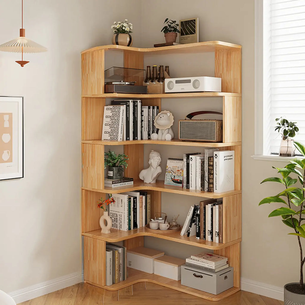 L-förmiges offenes Bücherregal aus Holz mit Naturfinish