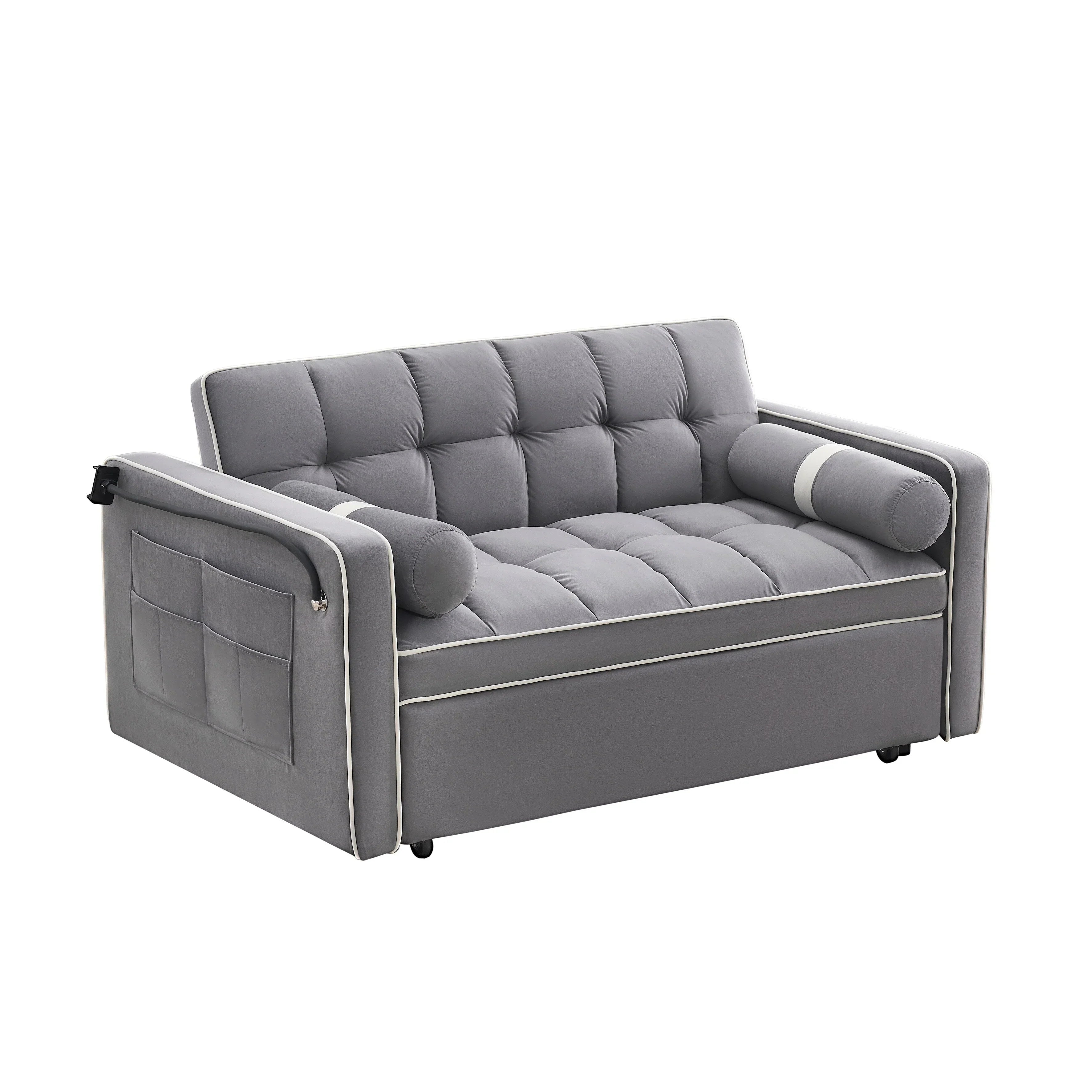 Samt-Schlafsofa zum Umbauen, 140 cm, 2-Sitzer, mit Ausziehbett, verstellbarer Rückenlehne, Seitentaschen und Handyhalterung