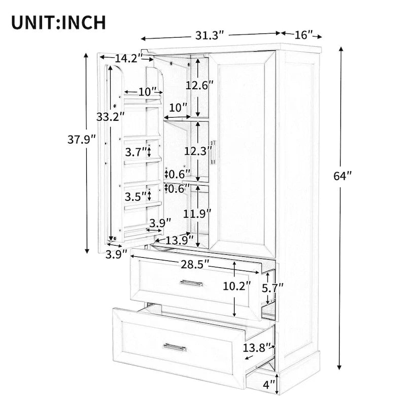 Hoher Badezimmerschrank, Schrank mit zwei Türen und Schubladen, verstellbarem Regal, MDF-Platte