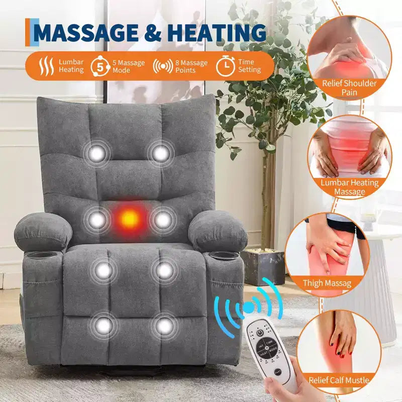 Elektrischer Aufstehsessel für Senioren mit Massage und Heizung, überdimensionierter Massage- und Wärmesessel mit weicher Polsterung, Seitentasche und Getränkehaltern
