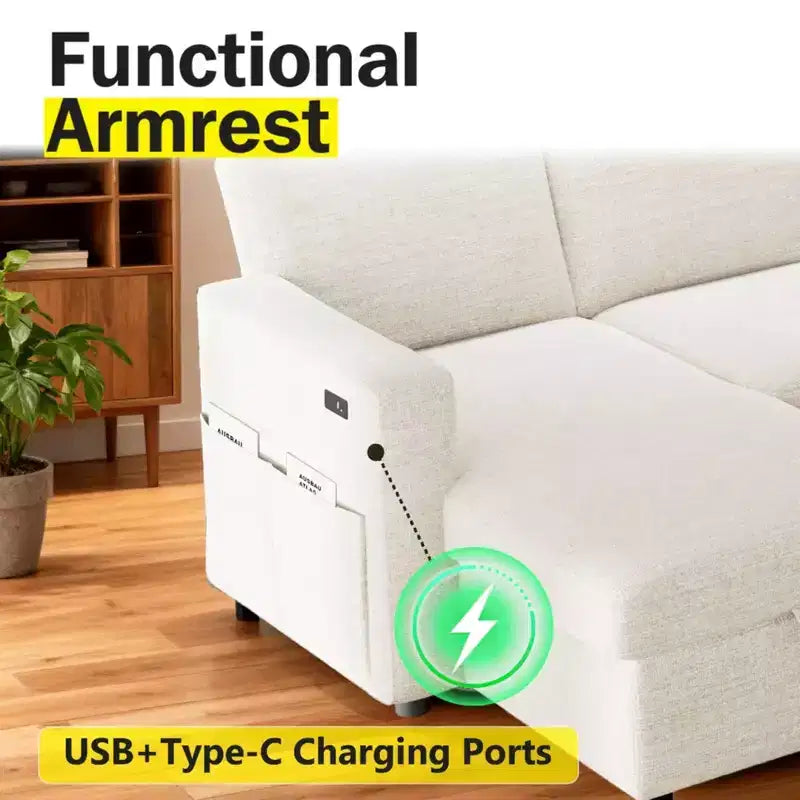 2-in-1 Schlafsofa zum Ausziehen mit Stauraum-Recamiere, Chenille-Ecksofa mit USB-Anschlüssen für das Wohnzimmer
