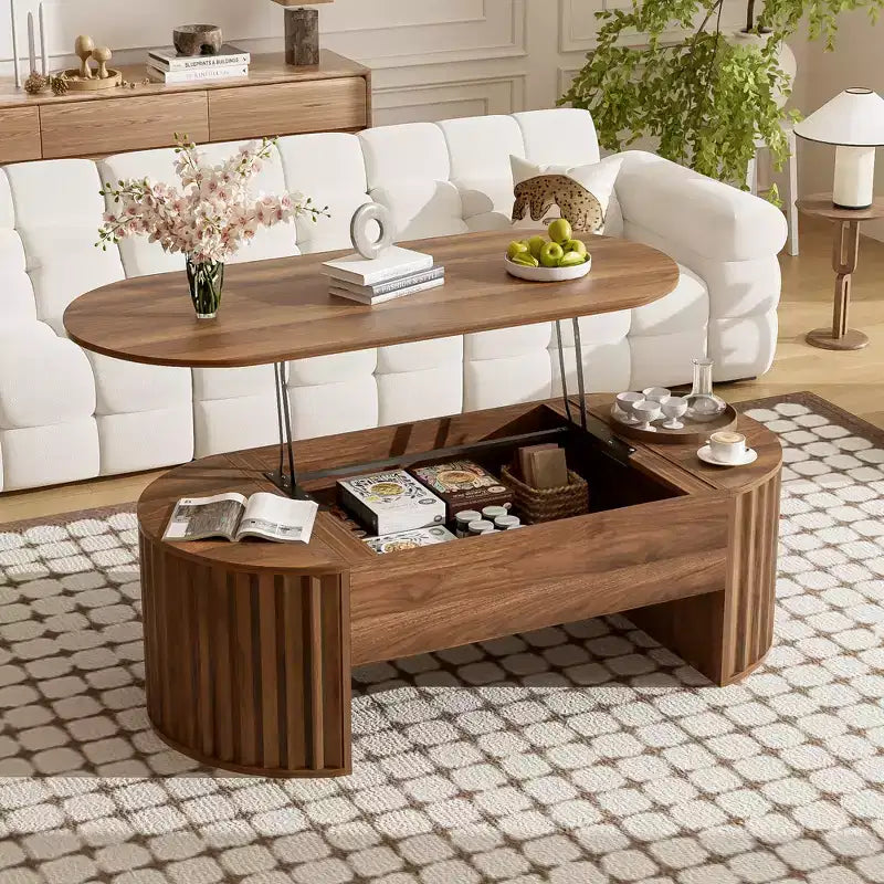 47.2 Couchtisch mit Hebeplatte und verstecktem Fach, oval, braun