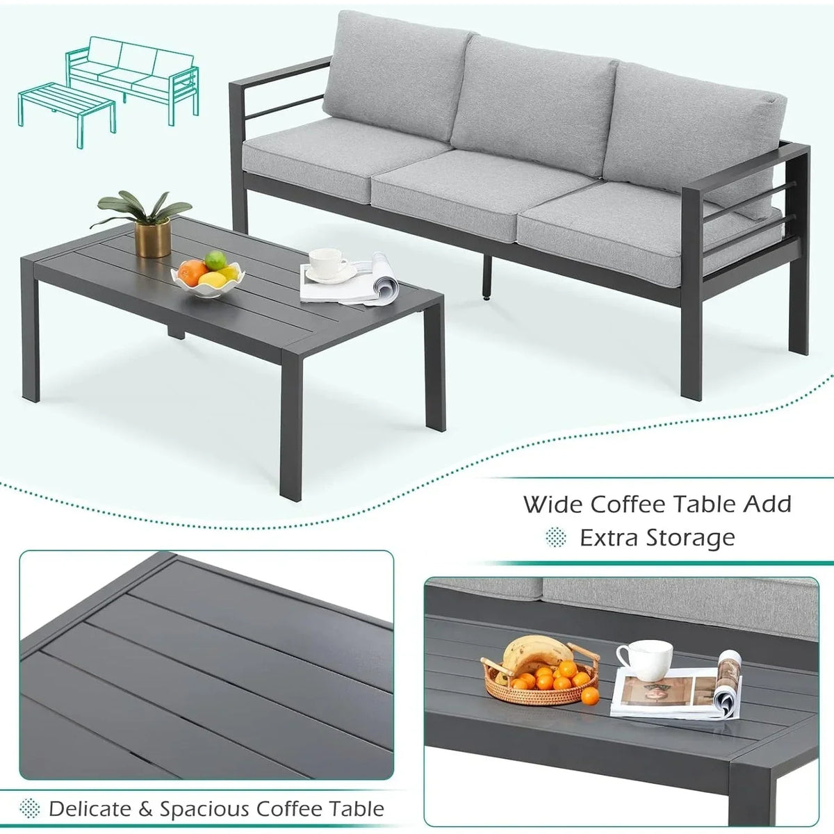 AECOJOY 7-teiliges Aluminium-Terrassenmöbel-Set Outdoor-Gesprächsgarnitur