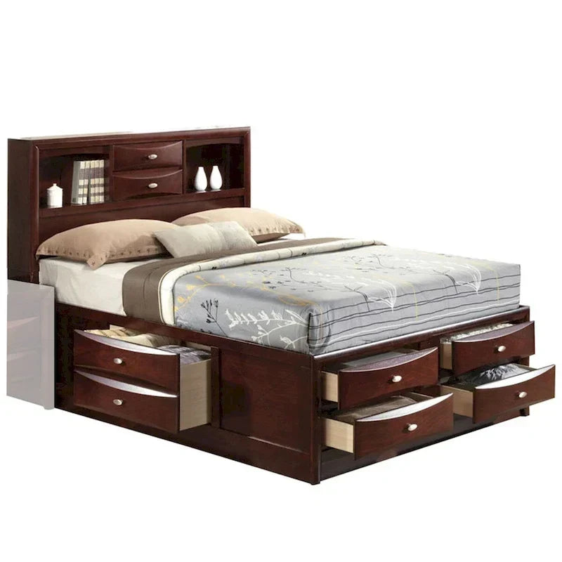Paneelbett Queen Size mit Kopfteilregal und Schubladen, Braun