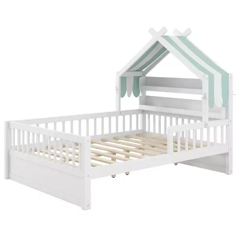 ModernLuxe Hausbett aus Holz für Zwillinge/Standardgröße mit Stauraum-Kopfteil, Kinderbettgestell aus massivem Kiefernholz mit Rausfallschutz