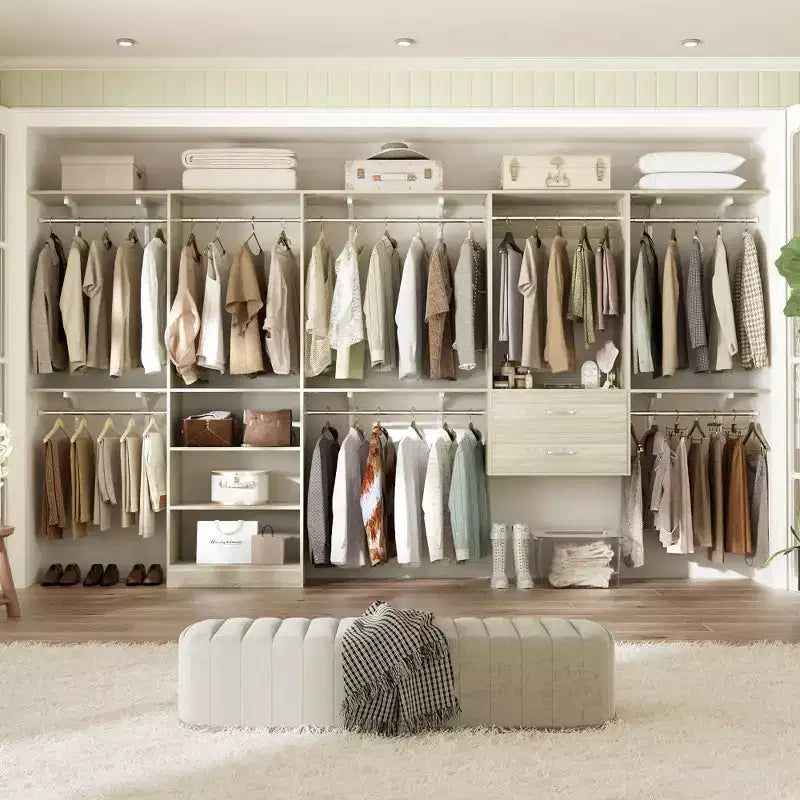 Freistehendes Schranksystem mit 8 Kleiderstangen und Schubladen, hängender Schrank-Organizer mit 10 Ablagen
