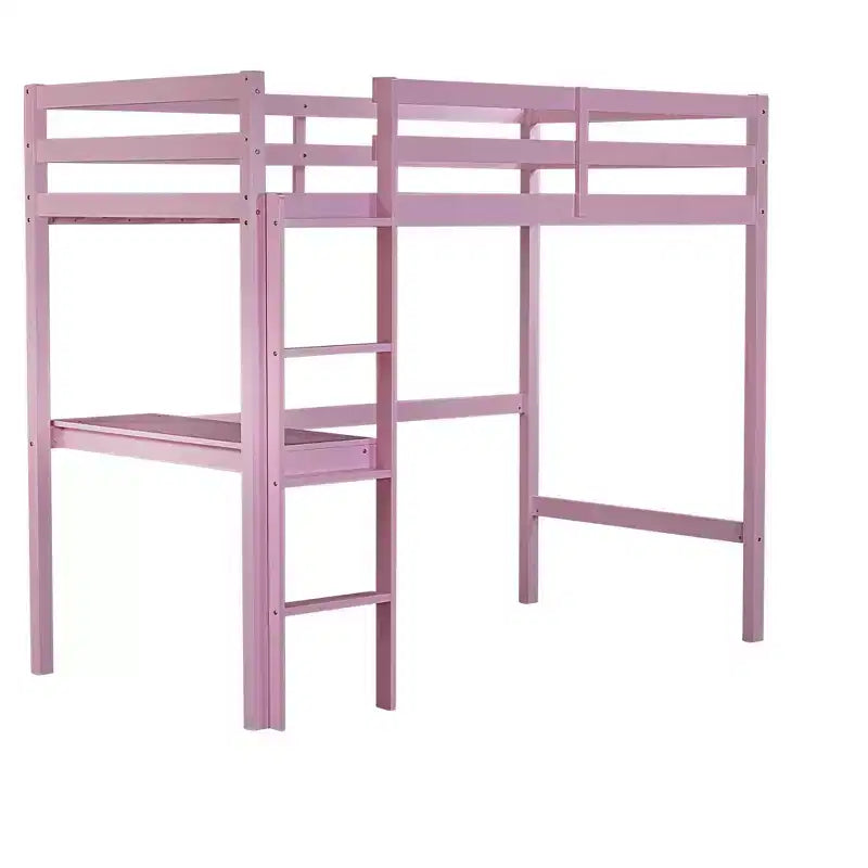 Okak Minimalism Hochbett mit Leiter, Hochbett aus Kautschukholz mit Sicherheitsgeländer und integriertem Schreibtisch, Bettrahmen für Kinder, Jugendliche