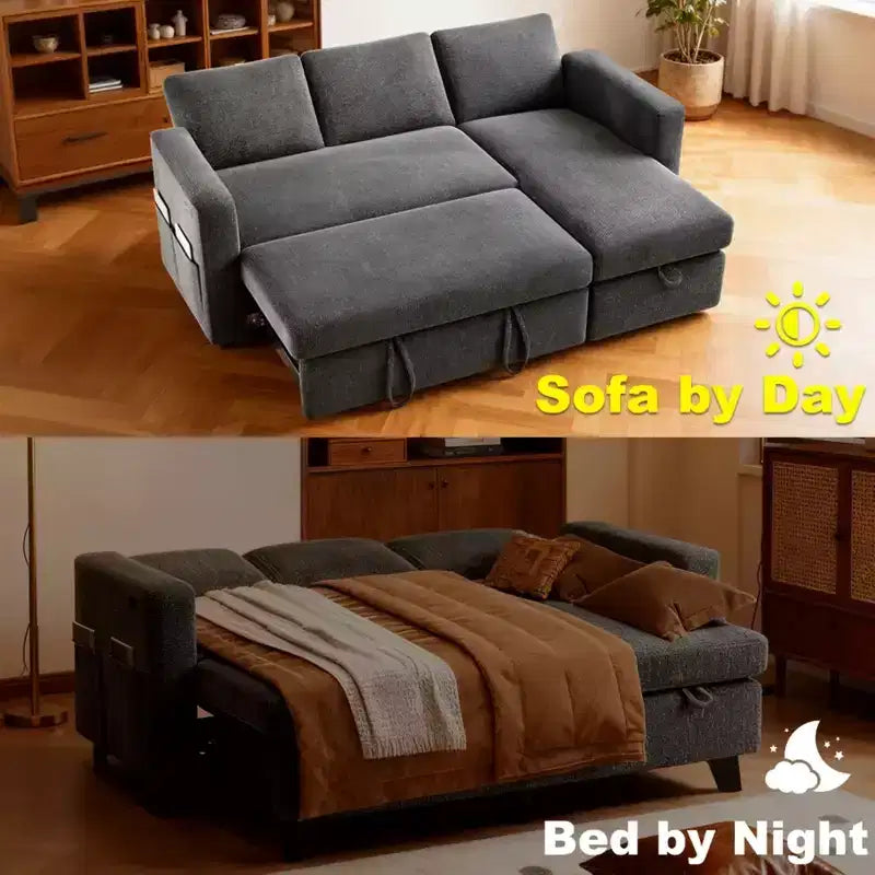 2-in-1 Schlafsofa zum Ausziehen mit Stauraum-Recamiere, Chenille-Ecksofa mit USB-Anschlüssen für das Wohnzimmer
