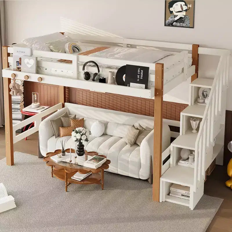 Modernes Hochbett mit Kleiderhaken, Ablageflächen und Platz unter dem Bett