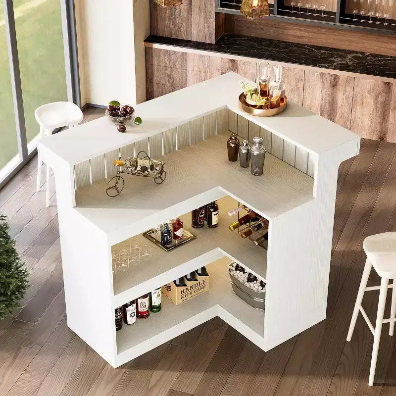 Lantine L-förmige Hausbar, 4-stöckiger Eck-Barmöbel mit Ablagefächern und Weinglashalter für die Hausbar