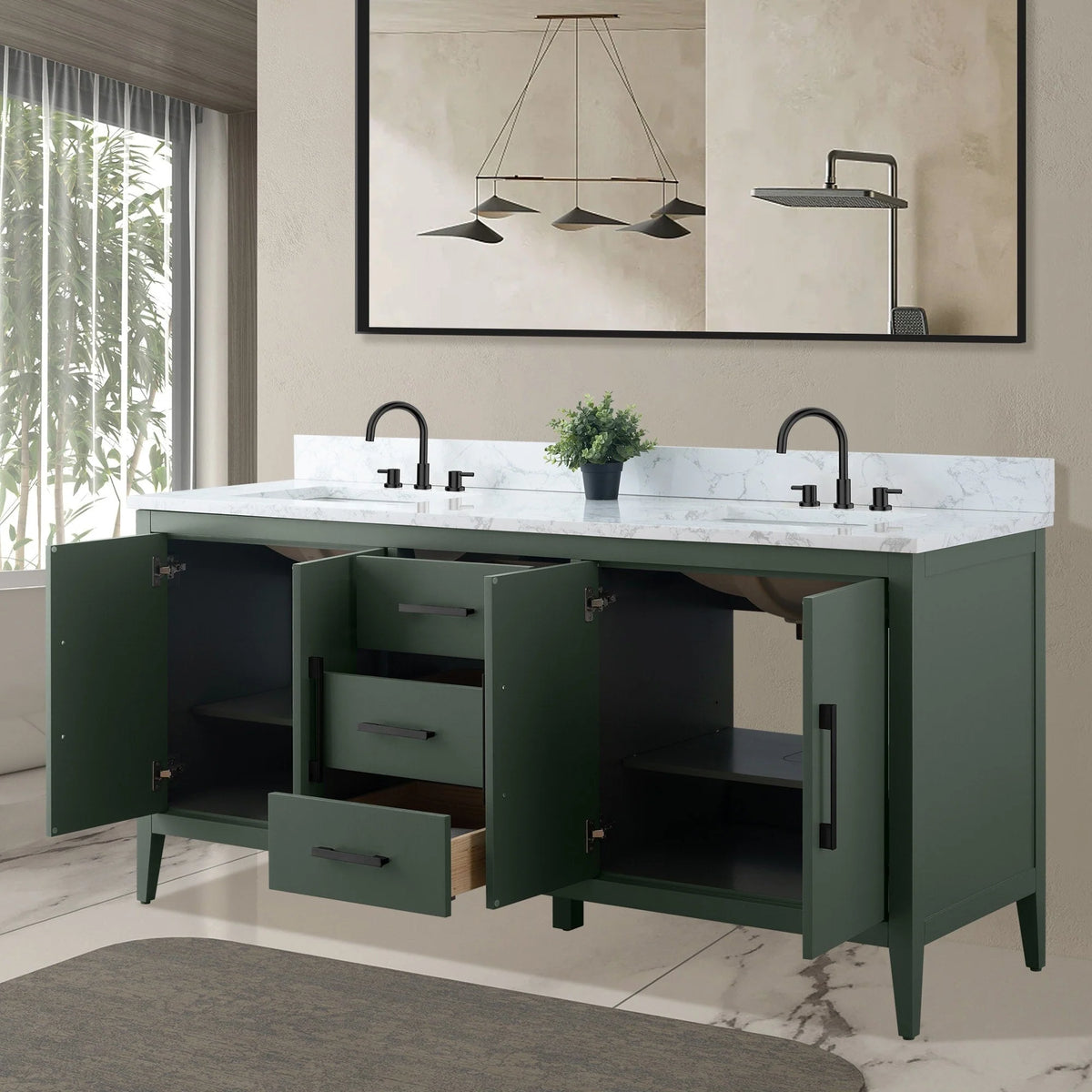 Vanity Art 72 Zoll Badezimmer-Waschtischunterschrank mit Doppelwaschbecken und Kunstmarmorplatte