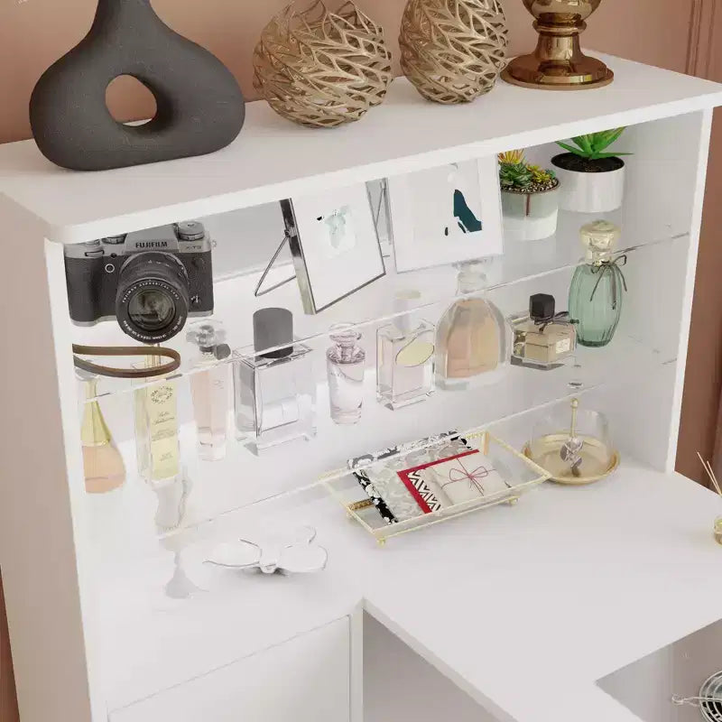 Weißer Nageltisch mit integrierter Staubabsaugung, Display aus gehärtetem Glas, goldenen Griffen, Nagelsalon-Station, Schminktisch