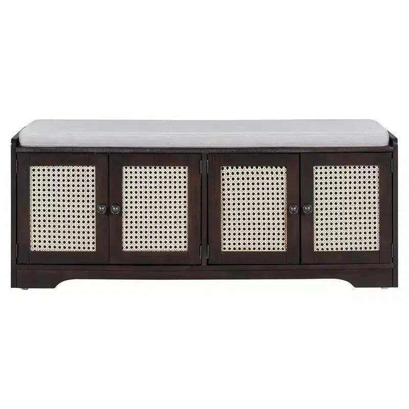 Whisen Rustikale Holzbank mit Stauraum, Schuhbank für den Eingangsbereich mit abnehmbarem Kissen, verstellbare Einlegeböden