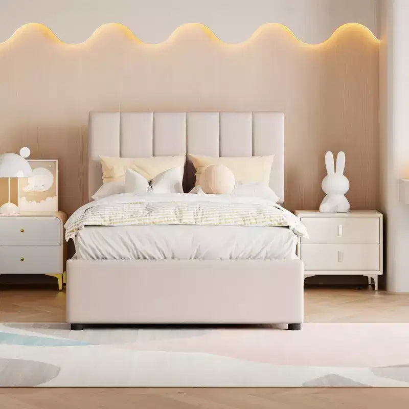 Bellemave Einzelbett mit Hochklappfunktion, Gepolstertes Plattformbett mit hydraulischem Aufbewahrungssystem, Kopfteil mit vertikalen Streifen, Beige